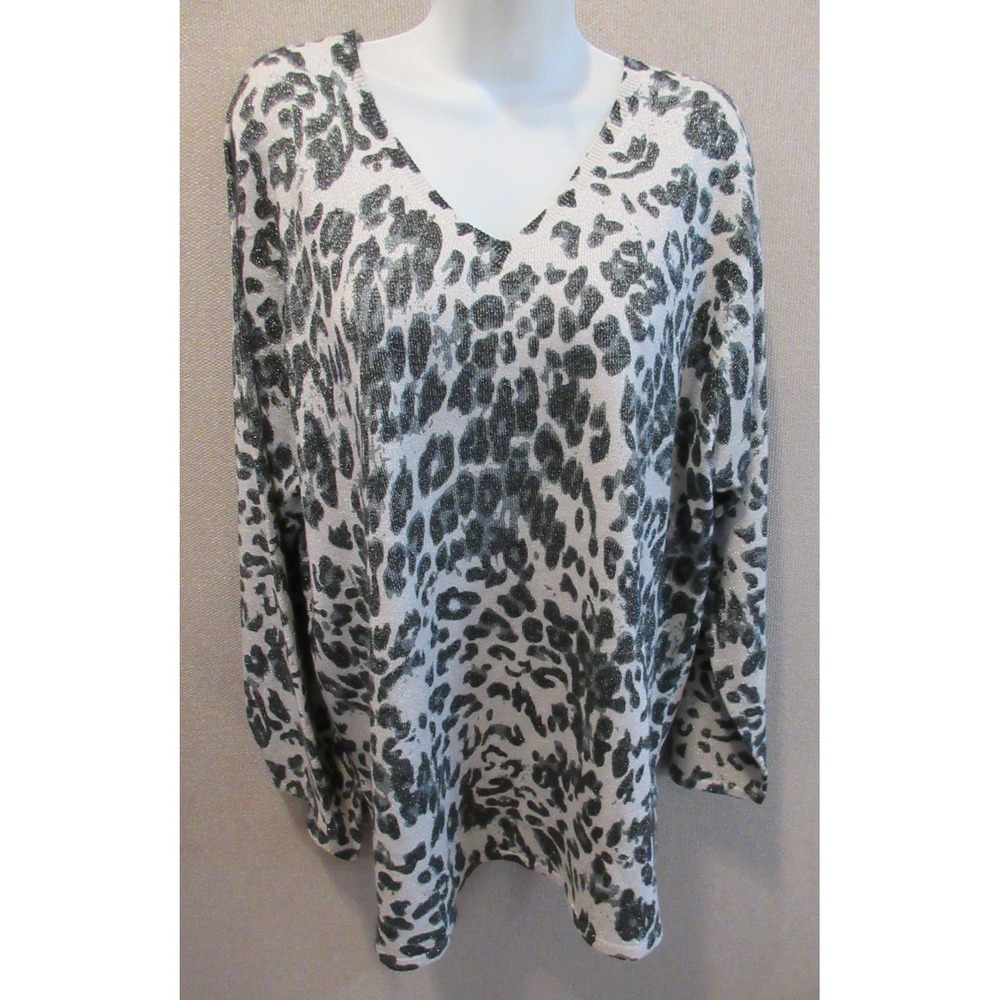 Susan Graver Metallic Blend Animal Print V-neck Sweater Size 1X
